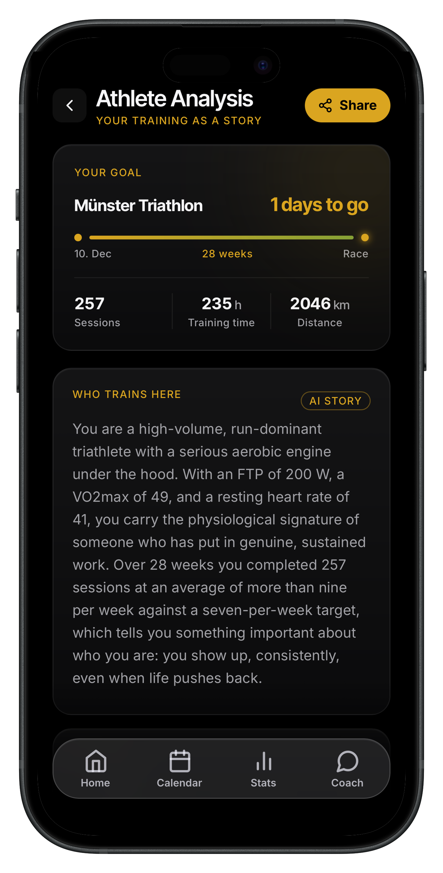 Athleten-Profil mit Trainingsgeschichte, VO2max, FTP und Phasen bis zum Rennen
